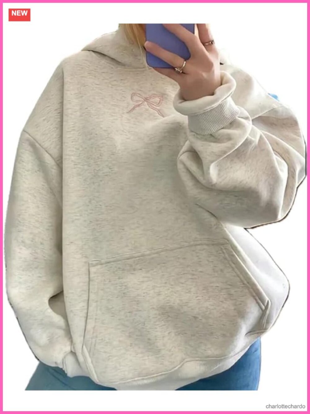 Bow Embroidery Fleece Lined Hoodie Long Sleeve Oversized Pullover